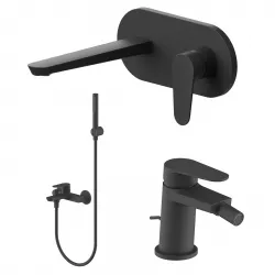 Set miscelatore lavabo a muro canna 20 cm con piastra e bidet con scarico con esterno vasca nero – Lir