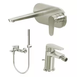 Set miscelatore lavabo a muro canna 20 cm con piastra e bidet con scarico con esterno vasca spazzolato – Lir