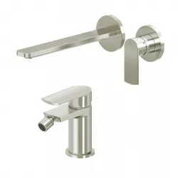 Set miscelatore lavabo a muro canna 25 cm e bidet spazzolato – Fluid