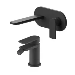 Set miscelatore lavabo a muro canna 20 cm con piastra e bidet nero – Fluid