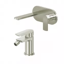 Set miscelatore lavabo a muro canna 20 cm con piastra e bidet spazzolato – Fluid