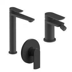 Set miscelatore lavabo alto e bidet con incasso doccia nero – Fluid