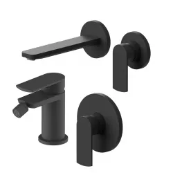 Set miscelatore lavabo a muro canna 20 cm e bidet con incasso doccia nero – Fluid