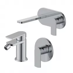 Set miscelatore lavabo a muro canna 20 cm con piastra e bidet con incasso doccia cromo – Fluid