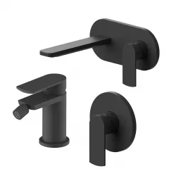 Set miscelatore lavabo a muro canna 20 cm con piastra e bidet con incasso doccia nero – Fluid