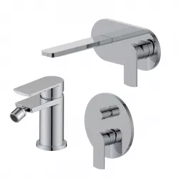 Set miscelatore lavabo a muro canna 20 cm con piastra e bidet con incasso doccia con deviatore cromo – Fluid