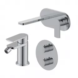 Set miscelatore lavabo a muro canna 20 cm con piastra e bidet con incasso doccia termostatico con deviatore cromo – Fluid