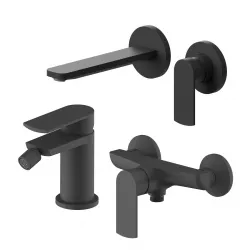 Set miscelatore lavabo a muro canna 20 cm e bidet con esterno doccia nero – Fluid