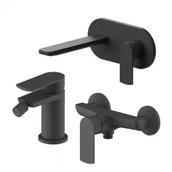 Set miscelatore lavabo a muro canna 20 cm con piastra e bidet con esterno doccia nero – Fluid