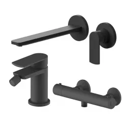 Set miscelatore lavabo a muro canna 25 cm e bidet con esterno doccia termostatico nero – Fluid