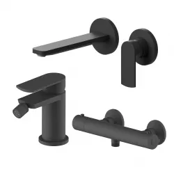 Set miscelatore lavabo a muro canna 20 cm e bidet con esterno doccia termostatico nero – Fluid