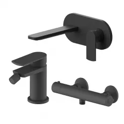 Set miscelatore lavabo a muro canna 20 cm con piastra e bidet con esterno doccia termostatico nero – Fluid