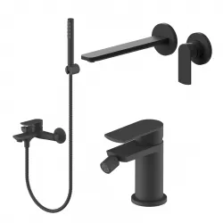 Set miscelatore lavabo a muro canna 25 cm e bidet con esterno vasca nero – Fluid