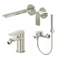 Set miscelatore lavabo a muro canna 25 cm e bidet con esterno vasca spazzolato – Fluid