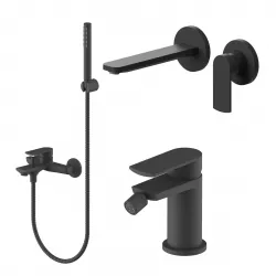 Set miscelatore lavabo a muro canna 20 cm e bidet con esterno vasca nero – Fluid