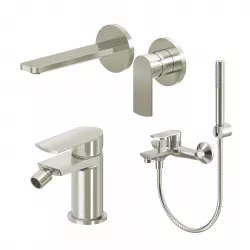 Set miscelatore lavabo a muro canna 20 cm e bidet con esterno vasca spazzolato – Fluid