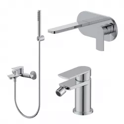 Set miscelatore lavabo a muro canna 20 cm con piastra e bidet con esterno vasca cromo – Fluid