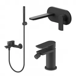 Set miscelatore lavabo a muro canna 20 cm con piastra e bidet con esterno vasca nero – Fluid