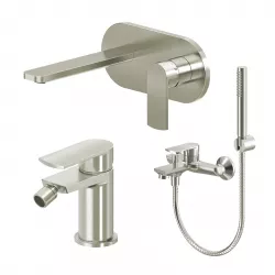 Set miscelatore lavabo a muro canna 20 cm con piastra e bidet con esterno vasca spazzolato – Fluid