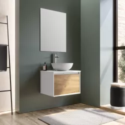 Mobile bagno sospeso 60cm bianco e rovere europeo per lavabo d'appoggio con specchio - Julia