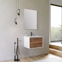 Mobile bagno sospeso 60cm bianco e noce nativo con lavabo integrato e specchio - Julia