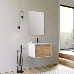 Mobile bagno sospeso 60cm bianco e rovere europeo con lavabo integrato e specchio - Julia