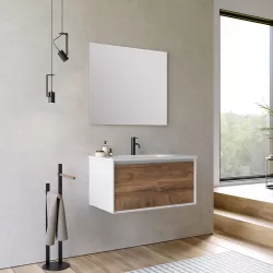 Mobile bagno sospeso 80 cm bianco e noce nativo con lavabo integrato e specchio - Julia