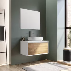 Mobile bagno sospeso 80 cm bianco e rovere europero per lavabo d'appoggio con specchio - Julia