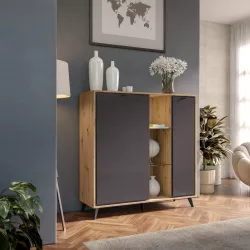 Mobile porta tv 242x64h cm rovere artisan e grigio titanio lucido con 4 ante  - Horn