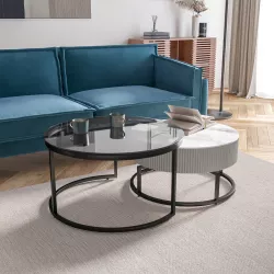 Set 2 tavolini tondi 70 cm e 80 cm con top in vetro nero e ceramica bianca con cassetto - Doily