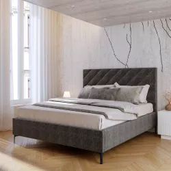 Letto matrimoniale 160x190 cm in tessuto mélange grigio scuro con contenitore e piedi in metallo nero - Flynn