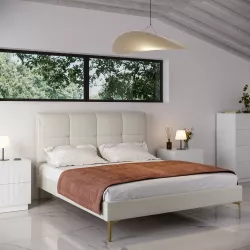 Letto matrimoniale 160x190 cm in similpelle bianco con piedi in metallo oro - Jones