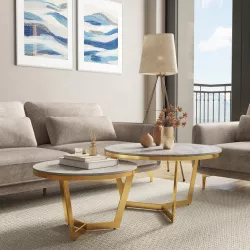Set 2 tavolini tondi 60 cm e 80 cm top in ceramica bianca e grigia con struttura oro - Yagi