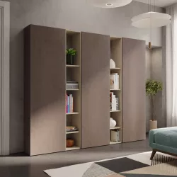 Libreria 221x186h cm 5 elementi con vani a giorno argilla e 3 ante bronzo - Clary