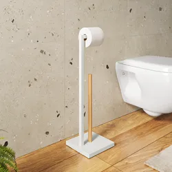 Piantana portarotolo in metallo bianco e bambù con riserva - Griffin