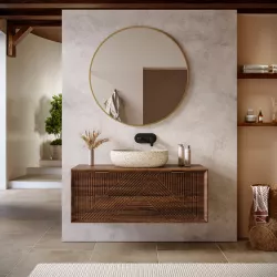 Mobile bagno portalavabo sospeso 120 cm in legno di mango cannettato e specchio - Mida Plus