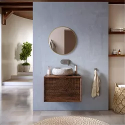Mobile bagno portalavabo sospeso 70 cm in legno di mango cannettato e specchio - Mida Plus