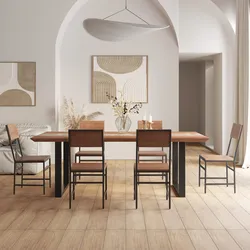 Tavolo da pranzo 220x100 top in legno di acacia 50mm con dettaglio effetto pietra e gambe in metallo nero - Mhalt