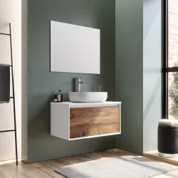 Mobile bagno sospeso 80 cm bianco e noce nativo per lavabo d'appoggio con specchio - Julia