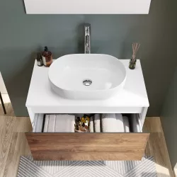 Mobile bagno sospeso 80 cm bianco e noce nativo per lavabo d'appoggio con  specchio - Julia