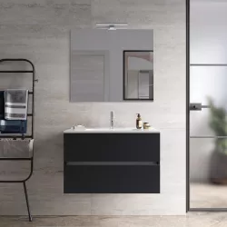 Mobile bagno sospeso con cassetti 90 cm nero opaco con lavabo e specchio - Cuki