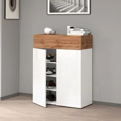 Scarpiera 76x100h cm bianco lucido e rovere wotan con 2 ante e 1 ribalta - Bimala