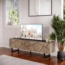Mobile porta tv 180x52h cm top nero e 4 ante effetto rovere con intarsi geometrici - Naoko