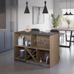 Isola cucina 128x68 cm top effetto marmo nero con vani a giorno e portabottiglie - Brigitta