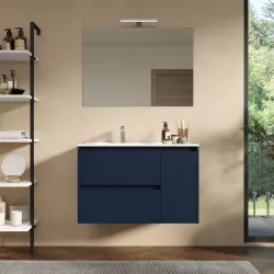 Mobile bagno sospeso 85 cm blu satinato con lavabo sx e specchio - Medora