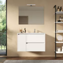 Mobile bagno sospeso 85 cm bianco lucido con lavabo dx e specchio - Medora