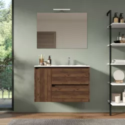 Mobile bagno sospeso 85 cm noce maya con lavabo dx e specchio - Medora