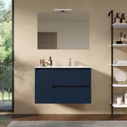 Mobile bagno sospeso 85 cm blu satinato con lavabo dx e specchio - Medora