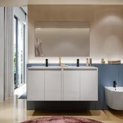 Mobile bagno sospeso 120 cm bianco lucido con ante e lavabo doppio con specchio - Medora