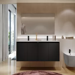 Mobile bagno sospeso 120 cm nero satinato con ante e lavabo doppio con specchio - Medora